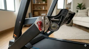 Close-up of a folding compact treadmill for small spaces showing the easy-lock hinge mechanism.