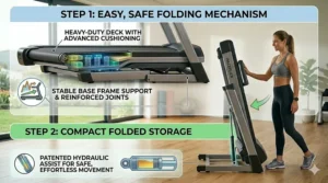A folding low impact treadmill for bad knees being stored away easily in a compact home gym space.