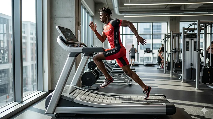 Professional athlete sprinting at maximum velocity on a specialized high speed treadmill for sprinters in a performance training facility.