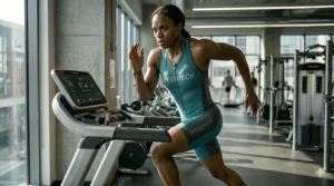 Fitness athlete performing high intensity interval training sprint intervals on a responsive high-speed running machine.