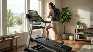 Illustration of a runner using a high-incline treadmill to prepare for outdoor hiking and trail running.