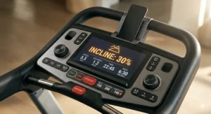 Close-up of a digital treadmill console showing speed settings and a 30 percent incline level.