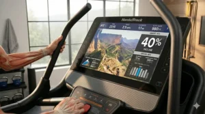 Digital console on a treadmill showing the 40 percent incline setting and vertical feet climbed.
