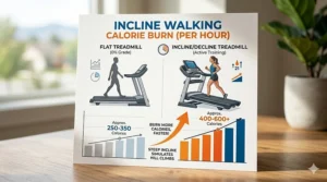 Infographic comparing calories burned per hour on a flat treadmill versus a steep incline decline treadmill.