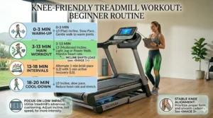 A 20-minute workout routine graphic designed for a low impact treadmill for bad knees.