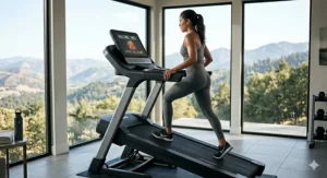 A person walking uphill on a 30 incline treadmill as a low-impact alternative to running.