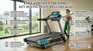 A checklist infographic highlighting essential features of a high-quality low impact treadmill for bad knees.