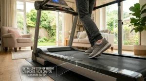 Close-up showing the low profile step up height of a senior friendly walking treadmill.