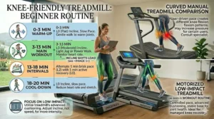 Illustration comparing a curved manual treadmill and a motorized low impact treadmill for bad knees.