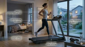 An illustration of someone running on a treadmill early in the morning while a family member sleeps nearby undisturbed.