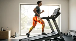 An illustration of a runner highlighting increased glute and hamstring activation when using an automatic incline treadmill at a 15% grade.