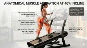 Anatomy diagram highlighting glute, hamstring, and calf activation during a 40 percent incline treadmill session.