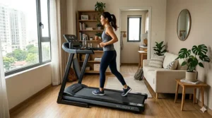 A person lightly jogging on a compact treadmill for small spaces in a tight studio apartment layout.
