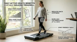 An infographic overlaying a woman walking on a treadmill, detailing the daily health benefits such as Burn 200+ Calories/Hour, Improved Circulation, and Reduced Back Stiffness.