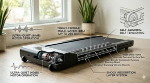 A technical, cutaway illustration displaying the interior mechanics of a portable walking treadmill, highlighting its Ultra-Quiet Motor Operation, Multi-Layer Belt, and Shock Absorption Layer System.