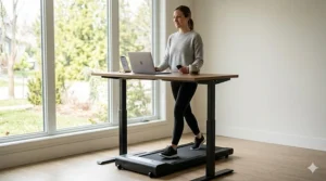 A photorealistic scene of a woman actively walking on a portable walking treadmill while typing on a laptop at a raised standing desk next to a large window.