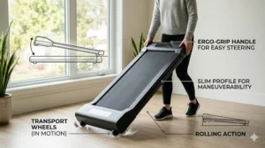 A detailed graphic illustration of a woman tilting and rolling a slim portable walking treadmill on its front wheels, featuring technical callouts for Ergo-Grip Handle and Rolling Action.