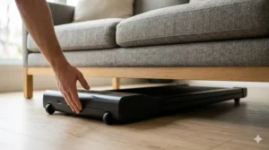 A close-up shot showing a hand sliding a slim, black portable walking treadmill with front transport wheels flat under a grey fabric living room sofa.