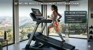 Illustration highlighting glute and hamstring activation while walking on a 30 degree incline.