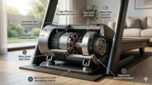 Close-up illustration of a brushless DC motor designed for silent operation in a home treadmill.