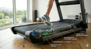 Graphic analysis of a runner's foot strike and gait cycle on a cushioned treadmill belt.