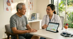 A healthcare professional talking to an older adult about choosing a safe walking treadmill for seniors based on physical therapy needs.