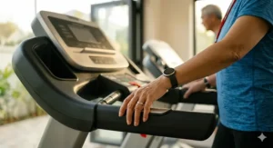 Side view of a low-deck treadmill for seniors featuring extended, padded safety handrails for balance support.