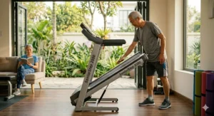 An older adult easily folding up a compact treadmill for seniors with hydraulic assist wheels for easy storage.