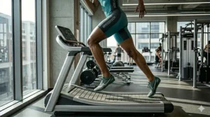 Side view profile illustration analyzing a runner's high knee drive and sprint technique on a fast-paced athletic treadmill.