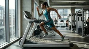 Track athlete using an overhead safety harness setup while practicing high-speed overspeed running drills on a commercial treadmill.