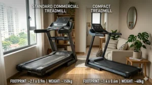A side-by-side size comparison between a bulky commercial gym machine and a compact treadmill for small spaces.