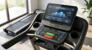 Close-up illustration of the "Stride Pro" digital display and quick-access buttons for adjusting the automatic incline during a workout.