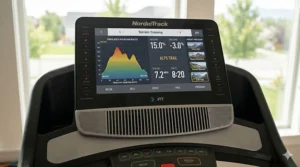 User interface of a treadmill console showing preset terrain programs that automatically adjust incline and decline.