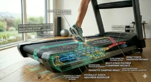 Illustration comparing joint impact forces of running on concrete versus a shock absorption treadmill.