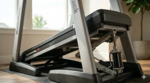 Side profile of a treadmill deck tilted downward to simulate a 3 percent downhill running grade.