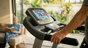 A detailed photorealistic close-up view of a senior man's right hand with a wedding band gripping the contoured heart rate handlebar pulse sensor on the console of the 'SeniorStep 2000' treadmill. The LCD display is slightly blurred but clearly shows a BPM reading. Soft natural golden hour light illuminates the hand and the textured console.