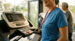Close-up of a red emergency stop safety key clipped to a home treadmill for seniors to prevent falls.