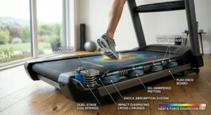 Technical illustration of an advanced spring and hydraulic shock absorption treadmill deck.