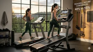 Comparison graphic showing the steep difference between a standard 15 percent treadmill and a 40 percent incline trainer.