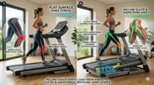 Illustration comparing knee joint pressure at different incline levels on a treadmill.