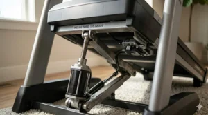 Close-up illustration showing a treadmill deck raised to a 15 percent incline for hill climb simulation.