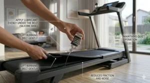 A step-by-step visual on how to lubricate a treadmill deck to maintain its status as the quietest treadmill for home use.