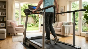 Extended full length safety handrails on a low speed treadmill for seniors.
