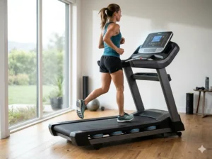 Labeled diagram showing the multi-layered cushioning system of a shock absorption treadmill.