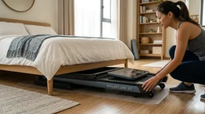 Ultra-slim compact treadmill for small spaces being slid underneath a platform bed frame for storage.
