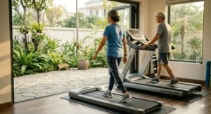 A flat, compact walking pad treadmill for seniors placed in a living room for low-impact daily indoor exercise.
