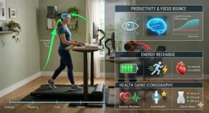 Conceptual graphic displaying icons for increased focus, energy boost, and heart health from working while walking.