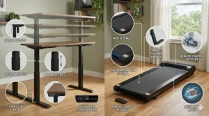 Product breakdown diagram highlighting the digital control panel of a motorized standing desk and a low-profile treadmill base.