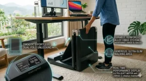 Side-by-side comparison of a home office workstation configured for sitting with an office chair versus walking with an under-desk treadmill.