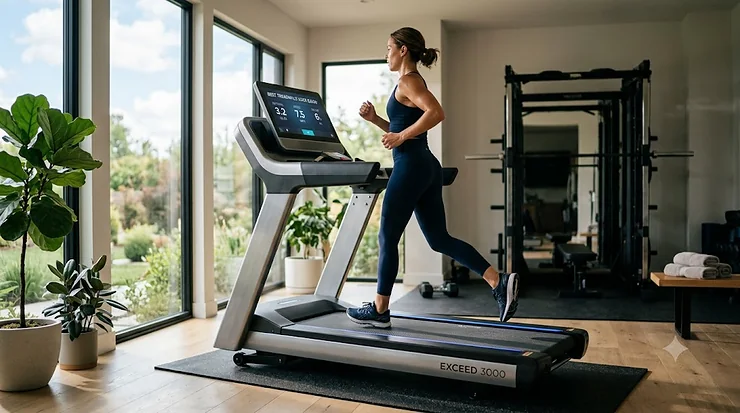 Premium commercial-grade smart treadmill over $3000 with a large interactive touchscreen display in a modern luxury home gym setup.